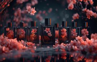 ai generado pequeño botellas de perfume son todas alrededor cada otro con algunos rosado flores foto