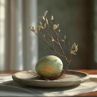 AI generated easter egg sitting on a platter with a branch photo