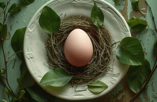 ai generado huevo en plato con hojas en guirnalda foto