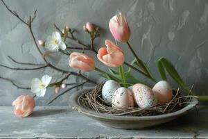 AI generated easter eggs, tulips and tree in nest on grey concrete background photo