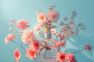 AI generated a bottle filled with perfume and flowers arranged on a blue background photo