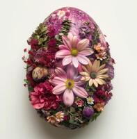 AI generated a purple and pink egg with flowers arranged around it photo