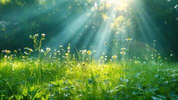 AI generated natural sun rays sun light moving grass photo