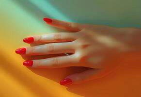 AI generated colorful hand with red manicure photo