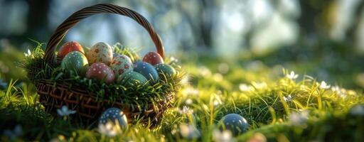 ai generado Pascua de Resurrección huevos con un cesta en el césped foto