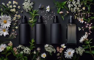 AI generated four bottles of perfume with perfume on top of them photo