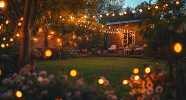 ai generado un patio interior debajo luces a oscuridad con arboles y flores foto