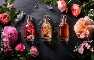 ai generado 3 diferente pequeño botellas de perfumes en un negro superficie foto