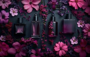 AI generated small bottles of perfume are all around each other with some pink flowers photo