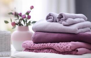 AI generated a bed with three pairs of towels on it photo