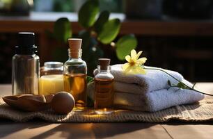 AI generated a bottle of essential oil, towels and natural skin care products are shown on a wooden table photo