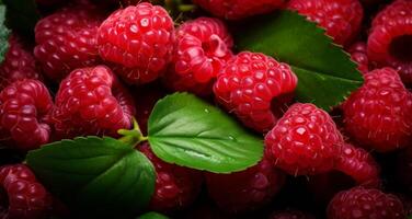 AI generated a close up and full image of ripe raspberries with green leaves photo