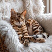 AI generated A fat spotted Bengal cat sits on a white fluffy chair and looks at the camera photo