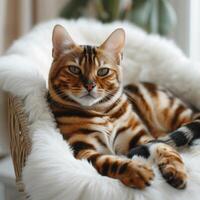 AI generated A fat spotted Bengal cat sits on a white fluffy chair and looks at the camera photo