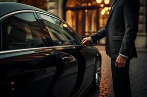 AI generated a man hands the door handle of a black car photo