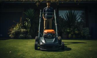 AI generated a person is mowing grass with a electric lawn mower photo