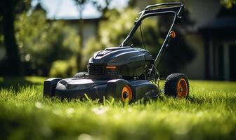 AI generated a person is mowing grass with a electric lawn mower photo