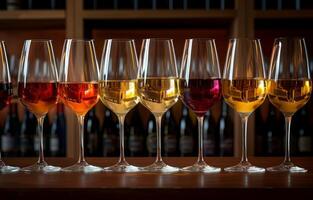 AI generated a row of wine glasses containing different kinds of wine photo