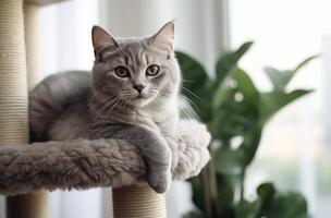 AI generated a silver gray cat sits on a cat tree photo