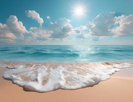 AI generated a sandy beach and ocean background with clouds and the sun photo