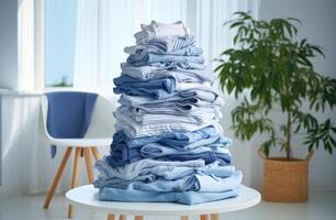 AI generated a stack of laundry stacked on a white table photo