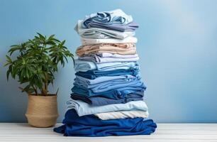 AI generated a stack of laundry stacked on a white table photo