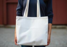 AI generated a woman holds up her blank, white tote bag photo