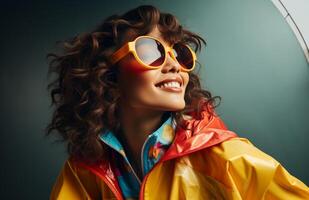 ai generado un mujer vistiendo amarillo Gafas de sol y un brillante de colores de colores béisbol chaqueta foto