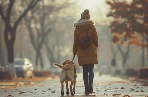 ai generado un mujer emprendedor un amarillo Labrador perro abajo el calle foto