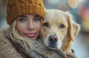 ai generado un mujer emprendedor un amarillo Labrador perro abajo el calle foto