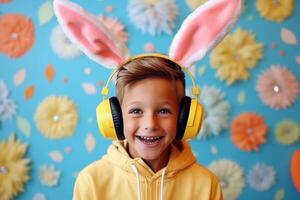 AI generated a young boy in bunny ears easter photo