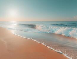 ai generado un imagen de un arenoso playa con el Oceano detrás foto