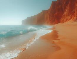 ai generado un imagen de un arenoso playa con el Oceano detrás foto