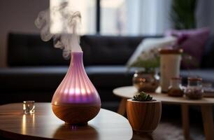 AI generated an essential oil diffuser sitting on a table full of aromatherapy candle photo