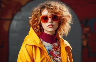 AI generated beautiful young woman posing with multicolored skate shoe jacket and sunglasses on the yellow backdrop photo