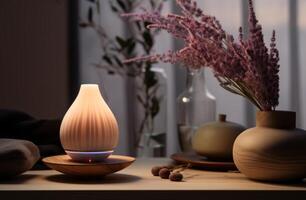 AI generated an essential oil diffuser sitting on a table full of aromatherapy candle photo