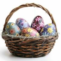 AI generated Basket with Easter eggs close up isolated photo