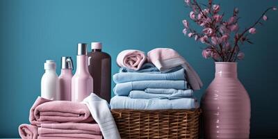 ai generado cesta de toallas, lavandería jabón y limpieza productos con azul antecedentes foto