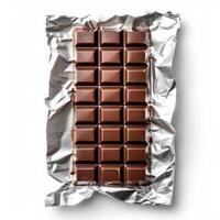 AI generated chocolate bar in silver wrapper isolated on white background photo