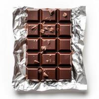 ai generado chocolate bar en plata envoltura aislado en blanco antecedentes foto