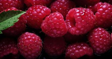 AI generated many raspberries with leaves in the background photo