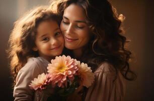 AI generated mother hugging daughter and holding flowers photo