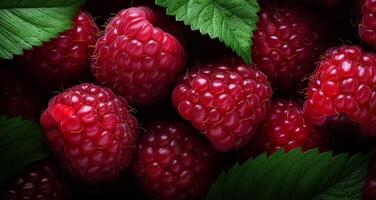 AI generated many raspberries with leaves in the background photo
