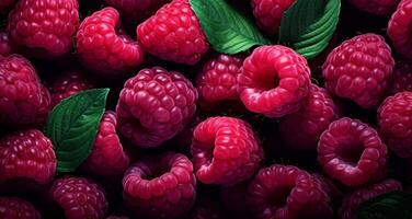 AI generated many raspberries with leaves in the background photo