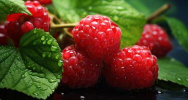 AI generated raspberries with leaves and green leaves in the background photo