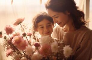 AI generated mother hugging daughter and holding flowers photo