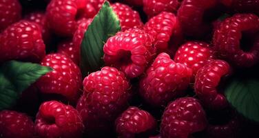 AI generated photo of fresh raspberries with leaves