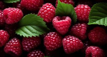AI generated many raspberries with leaves in the background photo