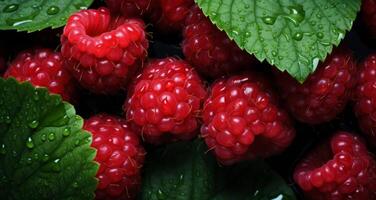 AI generated photo of fresh raspberries with leaves