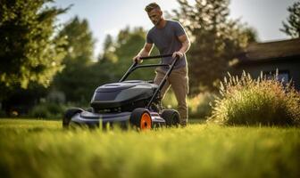 AI generated person mowing grass with an orange lawn mower photo